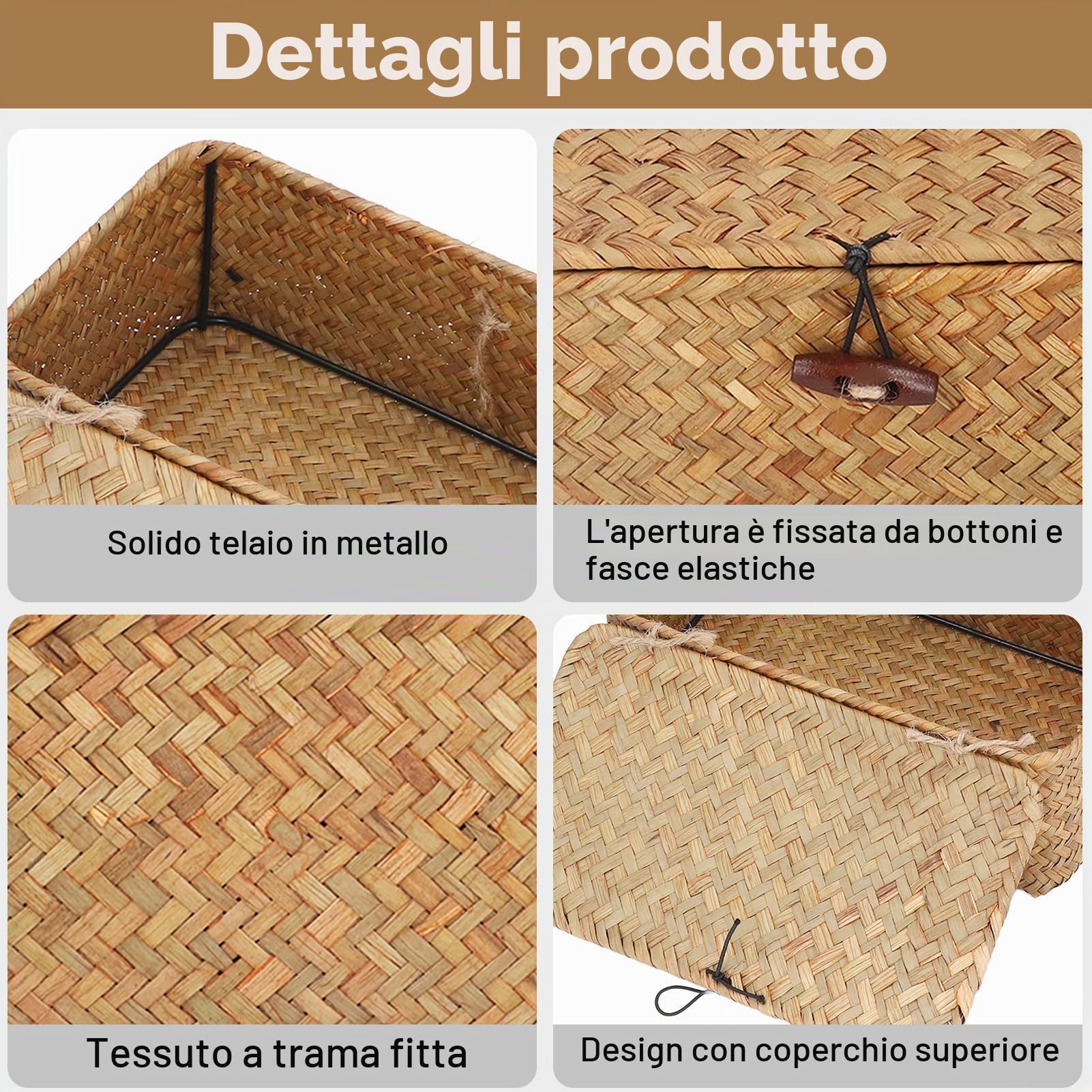 Cesto di stoccaggio con coperchio e rettangolare cesto intrecciato bidoni dell'organizzatore decorativo per l'organizzatore per la casa desktop. (M)