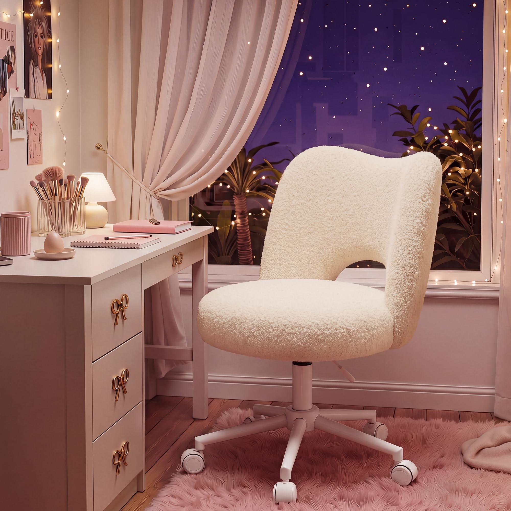 Vanity Chair for Girls Bedroom, Cat-Ear Teddy Fleece Dressing Table Chair