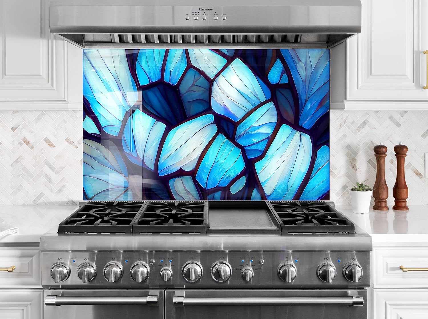 Myphotostation.com 16x16''Tempered Glass Stained Backsplash Design Cooker Wall Backsplash Panel Glass Splashback for Kitchen Behind Stove Blue Stained Splashback