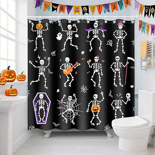 Miniatura 5 de Cortina de ducha de Halloween, divertida cortina de ducha con esqueleto de calavera negra, lavable a máquina, tela impermeable para decoración de