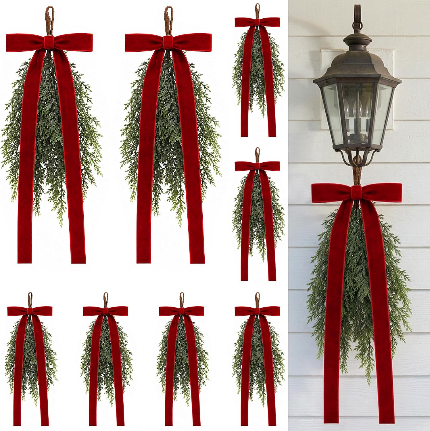 Wine Red Christmas Bow with Pine Needles Teardrop Swag