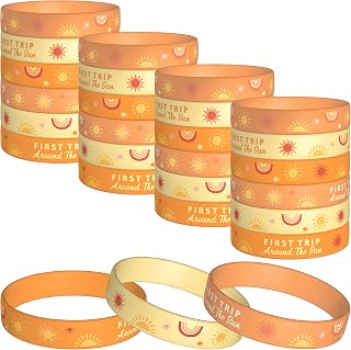 24Pcs Boho Sun First Trip Around the Sun Silicone Bracelets Stretch Rubber Wristbands Hippie Groovy Boho Rainbow Theme First Birthday Party Favors Supplies Baby Shower Gifts for Kids