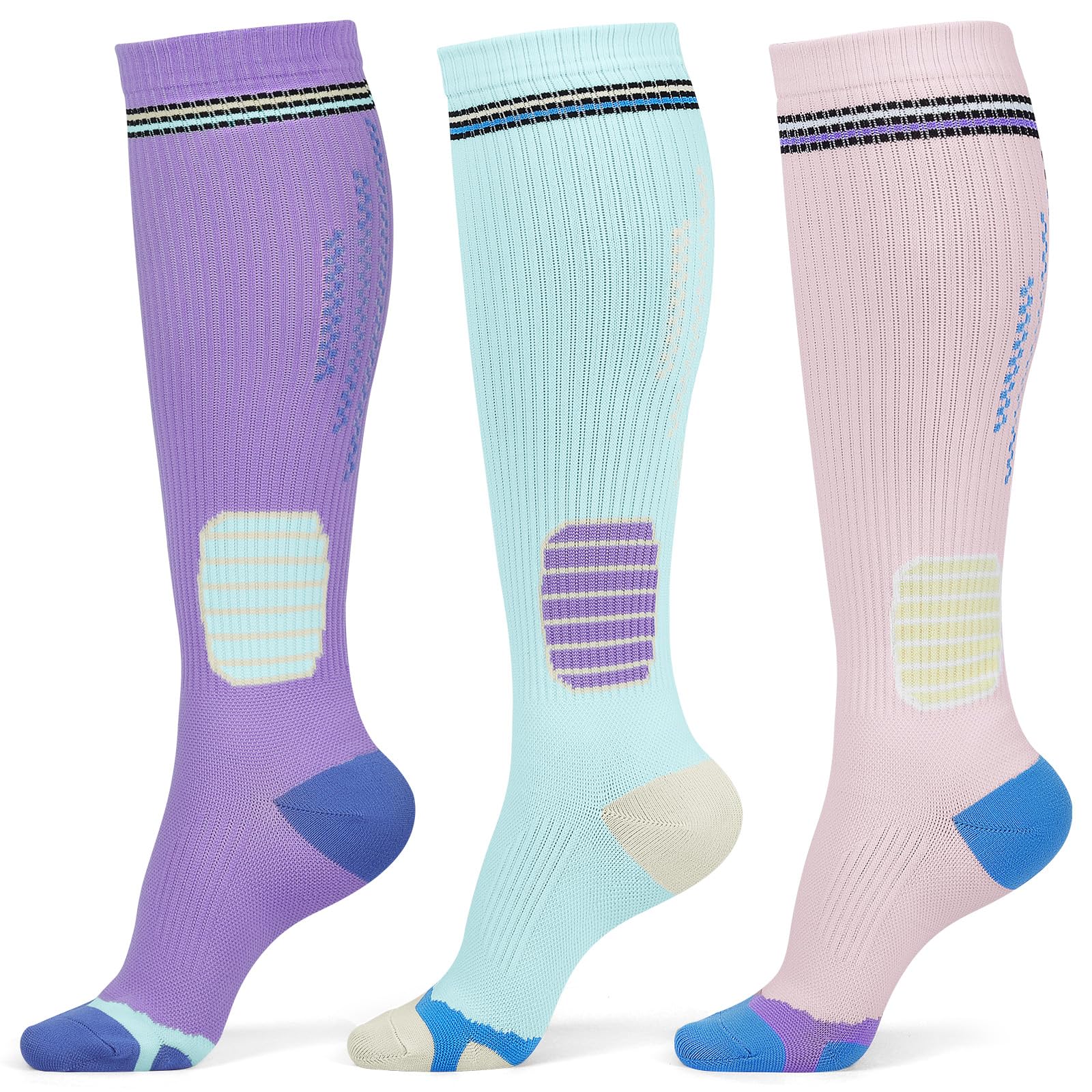 Queenshin 3 Pairs Compression Socks for Women & Men Knee High Support Socks for Flight Travel Running Cycling Nurse Gifts - 1