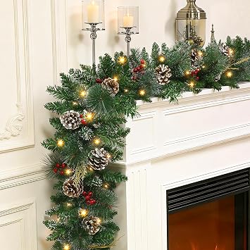 9ft Christmas Garland with Lights Battery Operated | With Red Berry and Pine Cones, Outdoor Prelit Christmas Garland for Mantle, Stairs Railing Fireplace, Christmas Decorations