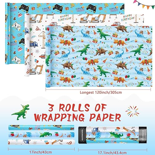 Vista 205 de WERNNSAI Rollos de papel de regalo de dinosaurios, 3 rollos de papel de regalo de dinosaurio rosa de 17 x 120 pulgadas, para bebés, niñas, Pink