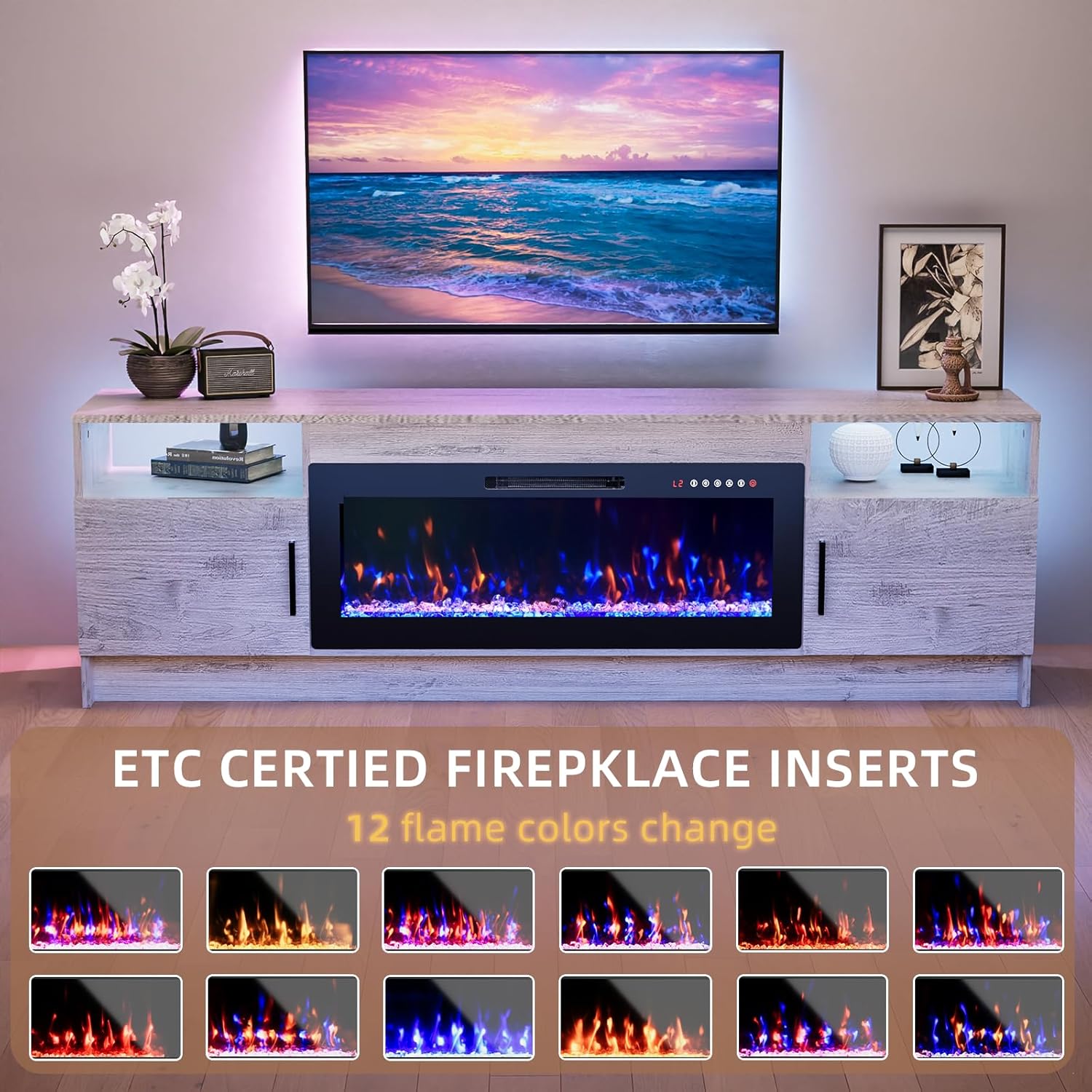 Kucreiheat TV Stand with Fireplace and Led Light-White Entertainment Center for 75+ inch TV- TV Cabinet with Storage, High Glossy Door, Modern TV Console for Living Room, 70'' Grey