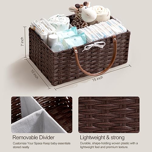 Miniatura 5 de HBlife Organizador de pañales grande, lavable e impermeable, cesta tejida de mimbre portátil con divisor, estación de pañales para guardería, cesta