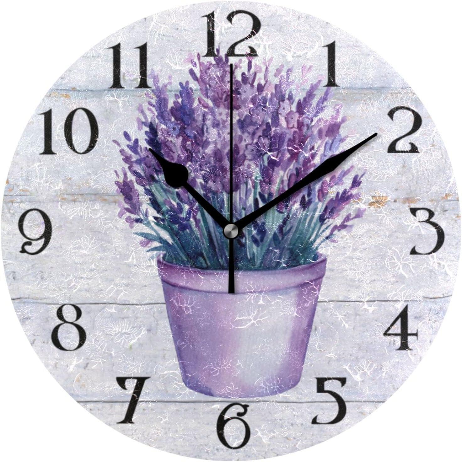 ALAZA Purple Wooden Purple Lavender Watercolor Wall Clock Silent Non Ticking Kitchen Clock 9.5 Inch Round Bathroom Clock Battery Operated Quartz Analog Decorative Desk Clock Living Room Decor