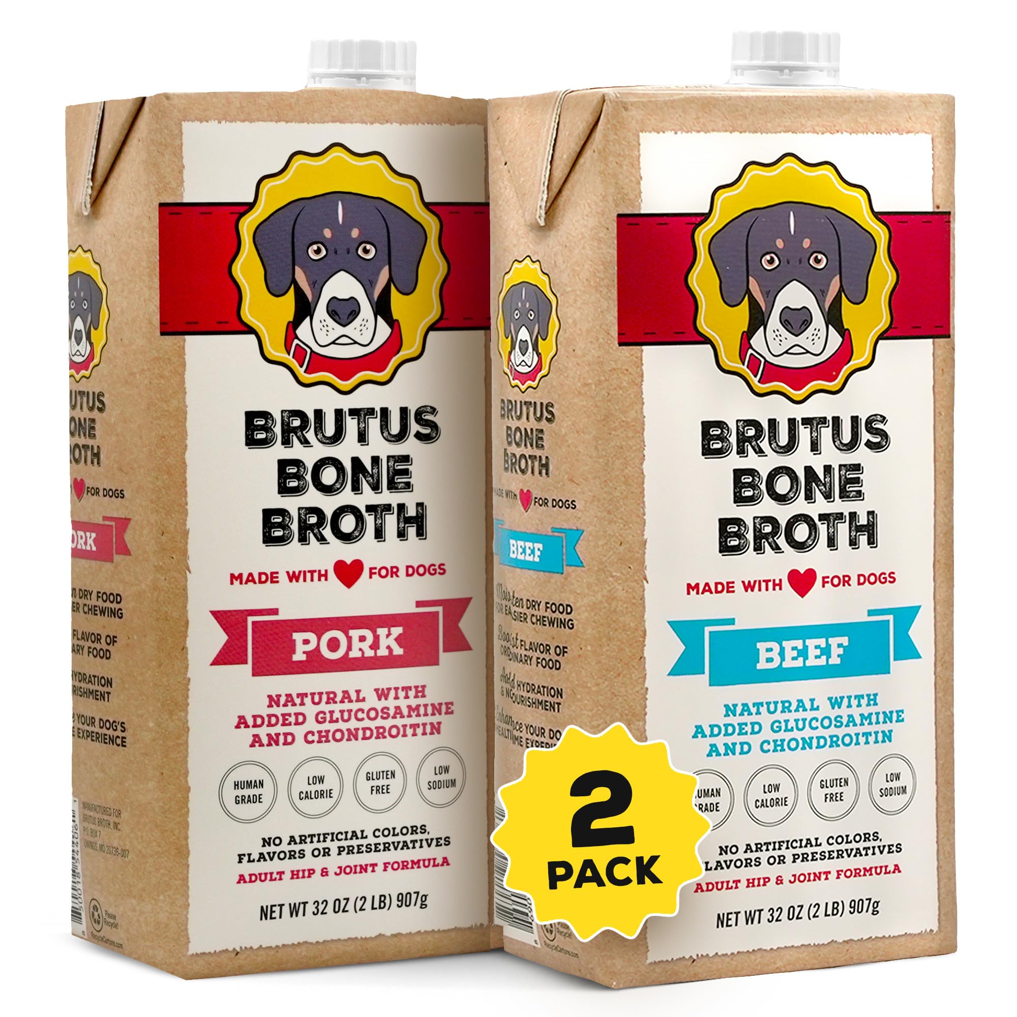 Brutus Broth for Dogs - All Natural Bone Broth for Dogs with Chondroitin Glucosamine Turmeric -Human Grade Dog Food Toppers - Beef and Pork Bundle