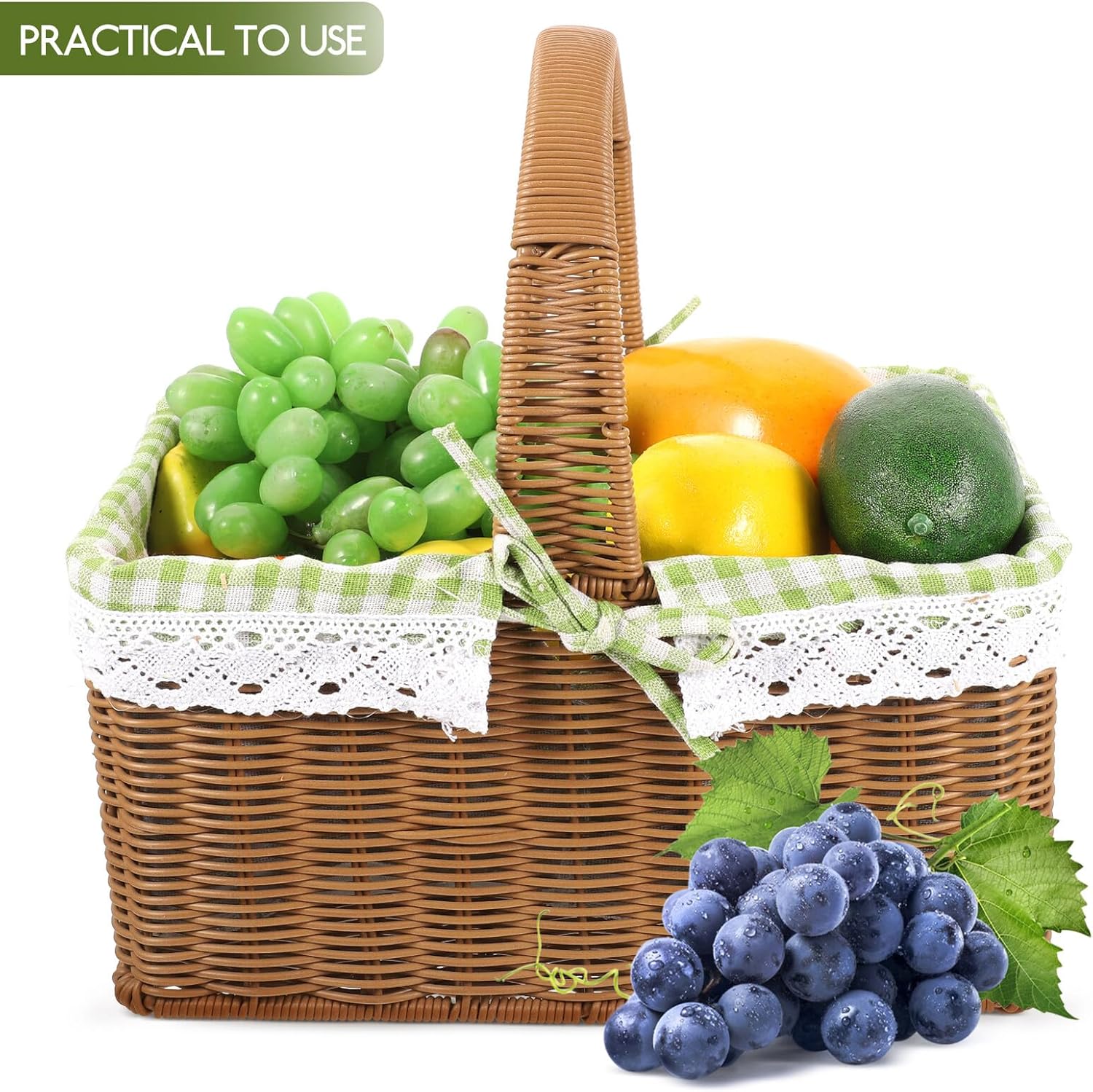 Woven Picnic Basket Handheld Fruit and Vegetable Basket for Outdoor Picnic and Garden Use Small Green Checkered Hand-Woven Design