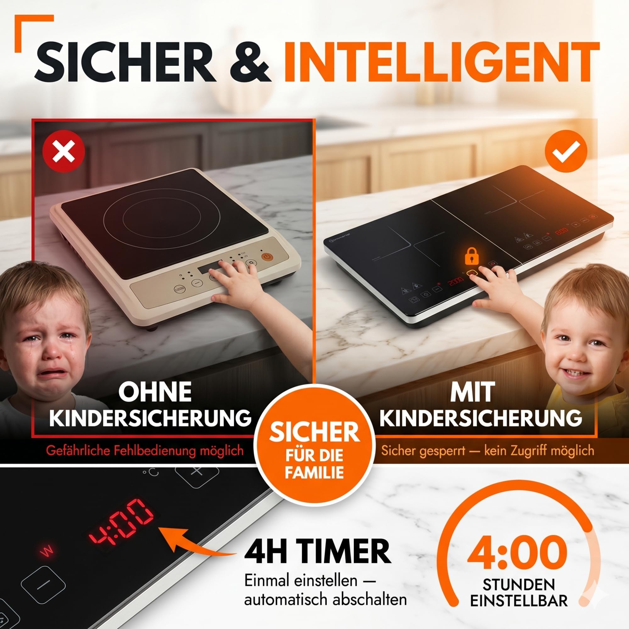 Sommertal Induktionskochfeld 2 Platten 3500W tragbar Touch-Bedienung 240°C Timer