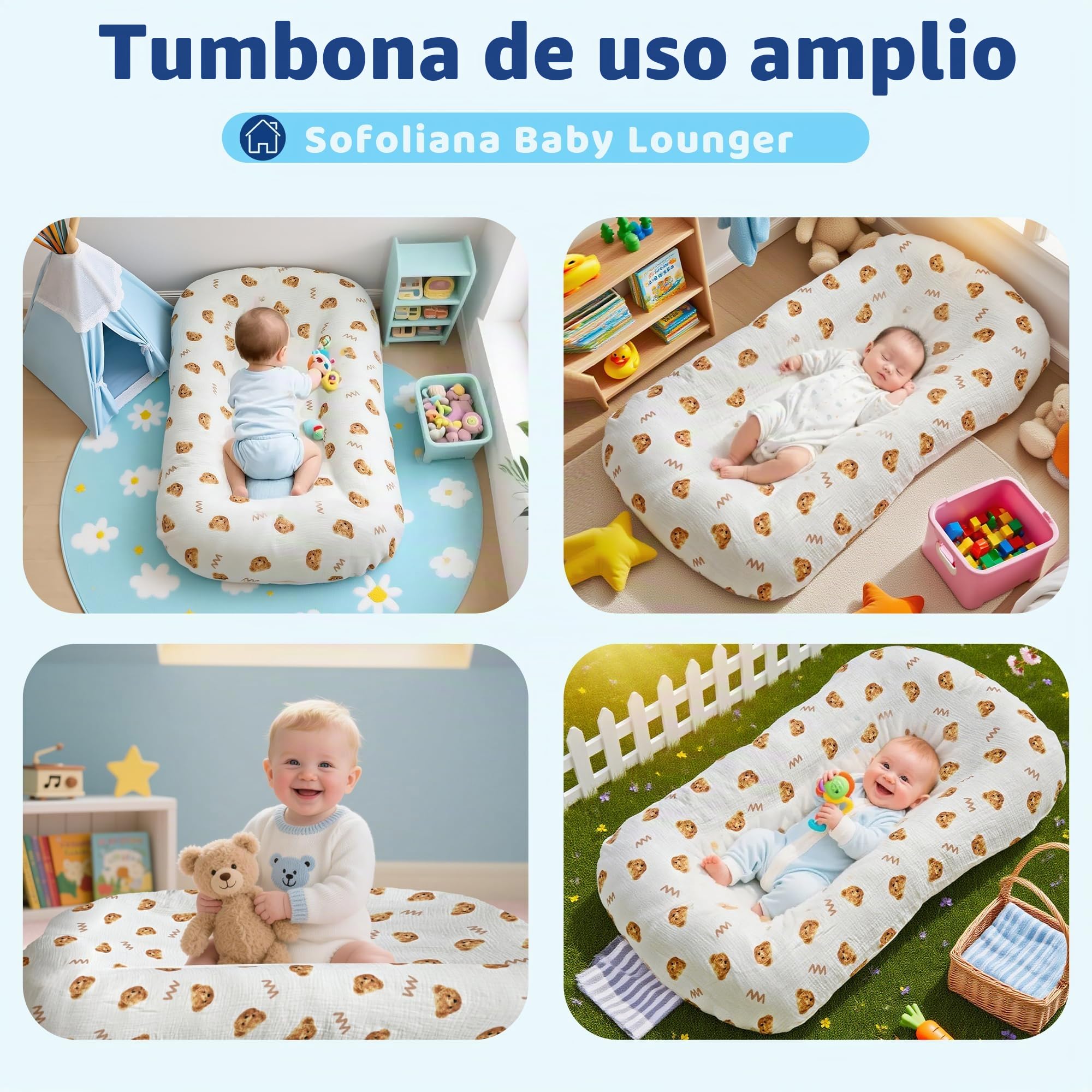 Tumbona para bebé, tumbona para recién nacido con funda transpirable y suave para suelo, sofá y viajes, regalos esenciales para bebés recién nacidos de 0 a 24 meses. (2 fundas incluidas)