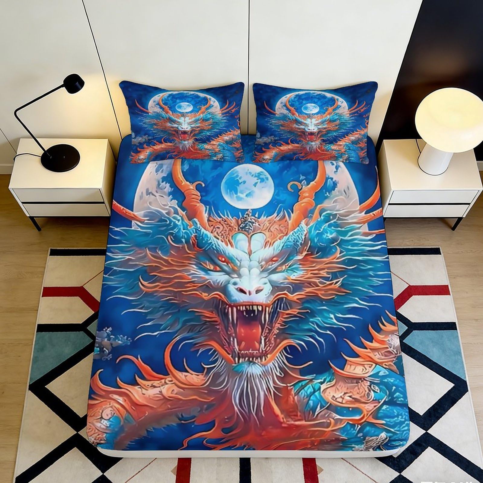 3D Printed Blue Dragon Fitted Sheet Microfiber Soft Breathable Moon Flame Bed Sheet for Bedroom Guestroom Mattress Decor 90x200x25cm