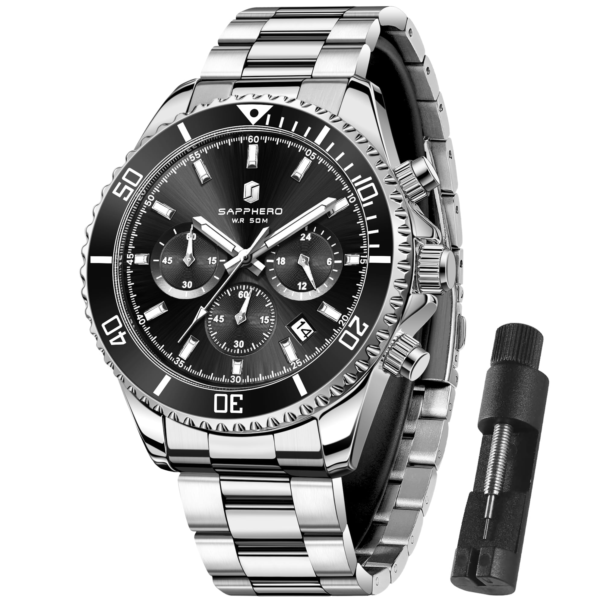 SAPPHERO Uhren Herren Chronograph Analog Quarz 50M Wasserdicht Armbanduhr Herren Mode Lässig Business Herrenuhren mit Kalender Edelstahlarmband Uhr Geschenk für Männer