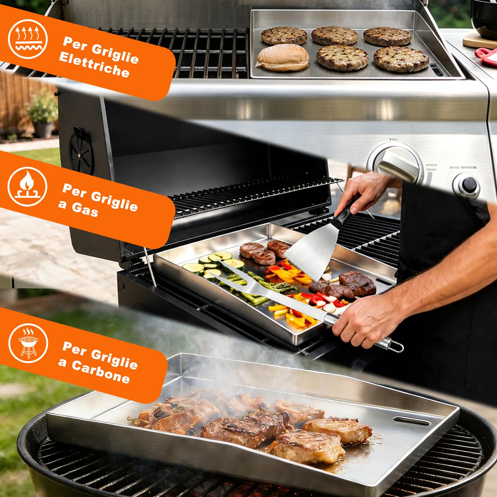 Set di Plancha in Acciaio Inox da 4 mm, 40 x 30 cm, con 5 Pezzi di Utensili per Barbecue, Spatola Inclusa, Stabile e senza Deformazioni, Adatta per Barbecue a Gas e a Carbone.