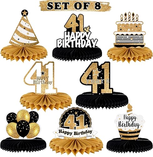 Miniatura 36 de LINGTEER Decoración feliz 50 cumpleaños negro y dorado de papel para mesa - Juego de centros de mesa con estrella de pastel y globo, 8 piezas