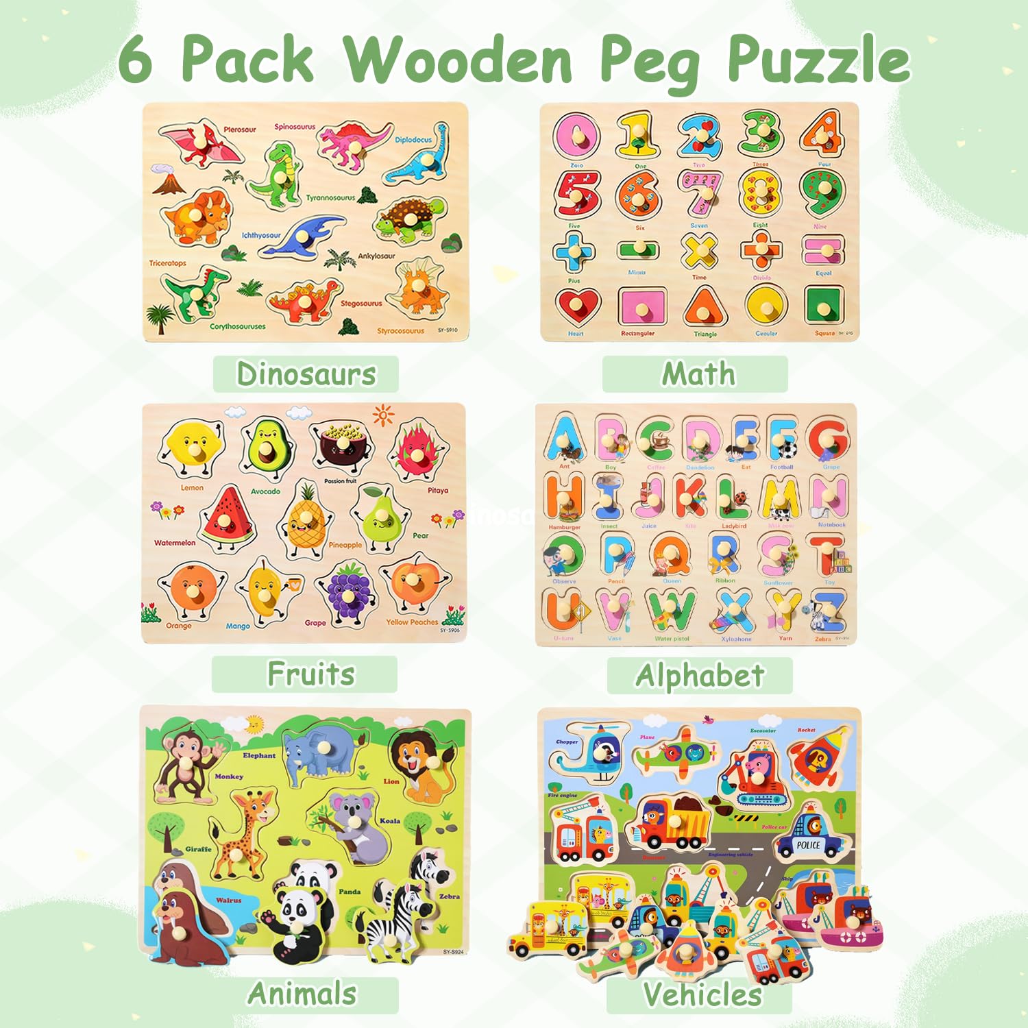 6er-Pack Holz-Puzzles für Kleinkinder und Vorschüler im Alter von 2–4 Jahren | Montessori-inspiriertes Lernspielzeug, Alphabet, Zahlen & Mathematik, Tiere, Dinosaurier, Früchte und Fahrzeuge