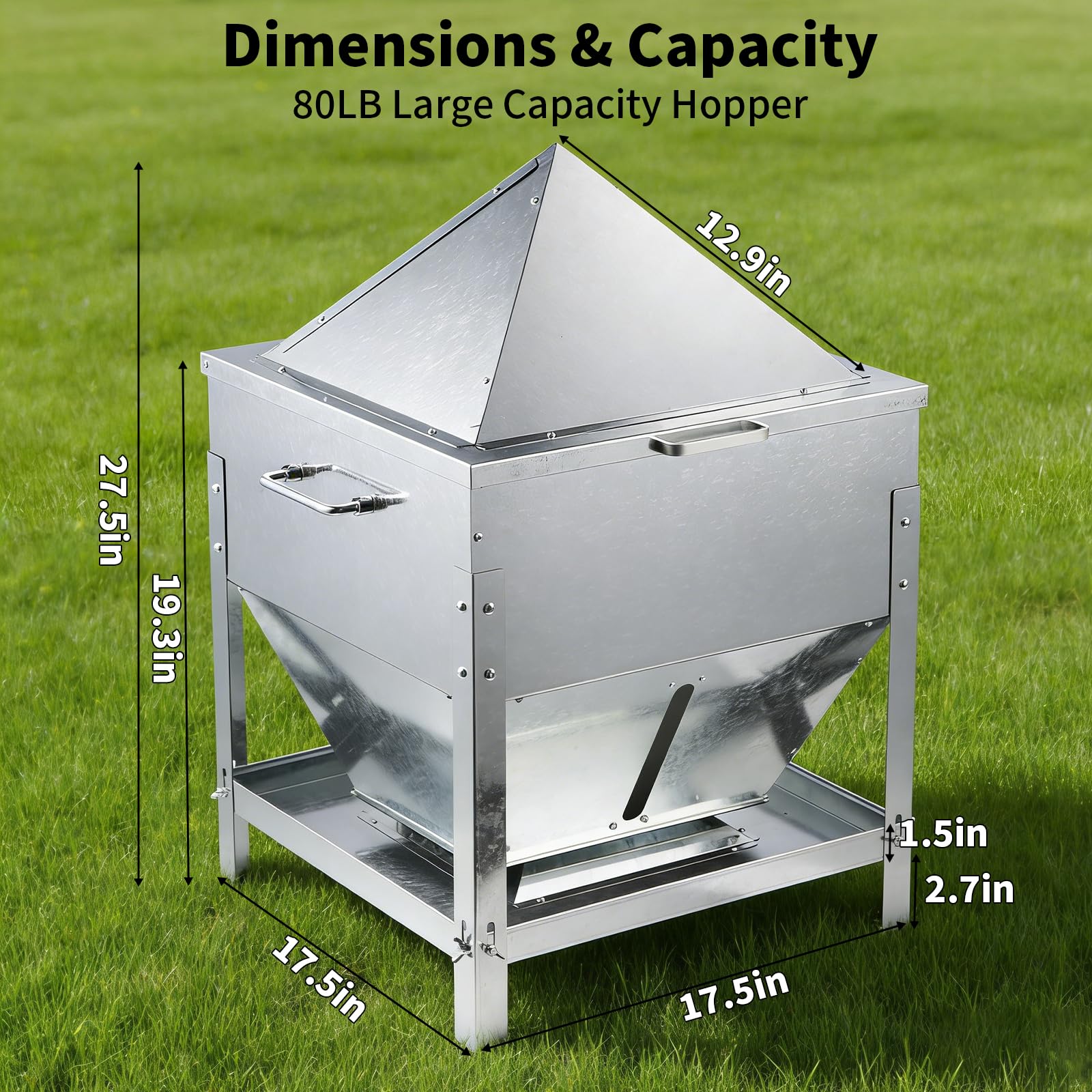Comedero automático de pollo, comedero de pollo de gran capacidad de 80 libras, comedero de aves de corral sin residuos con patas y tapa a prueba de lluvia, comederos de metal para aves de corral al