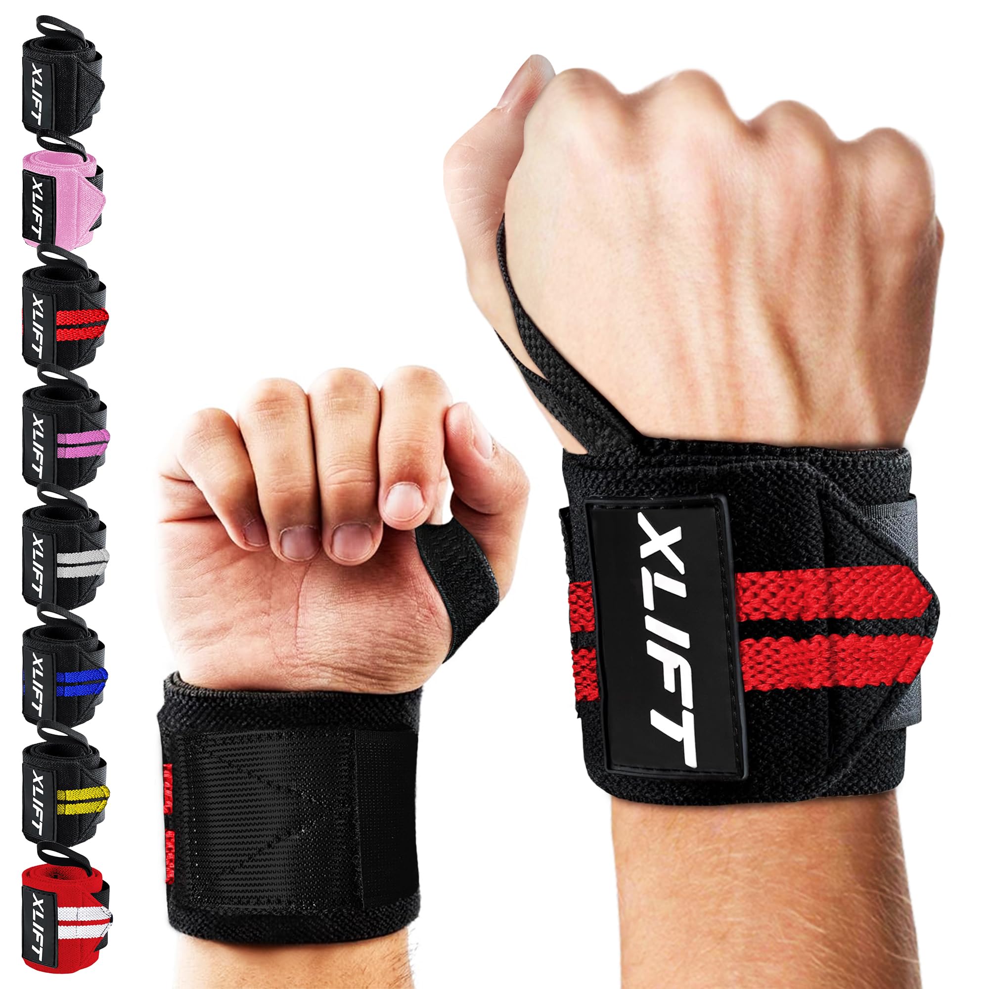 xlift Handgelenk Bandagen Gym - Wrist Wraps Gym - Handgelenk Bandagen Fitness – Handgelenkbandagen Kraftsport für Fitness, Handgelenkstütze, Bodybuilding, Calisthenics & Crossfit (Schwarz & Rot)