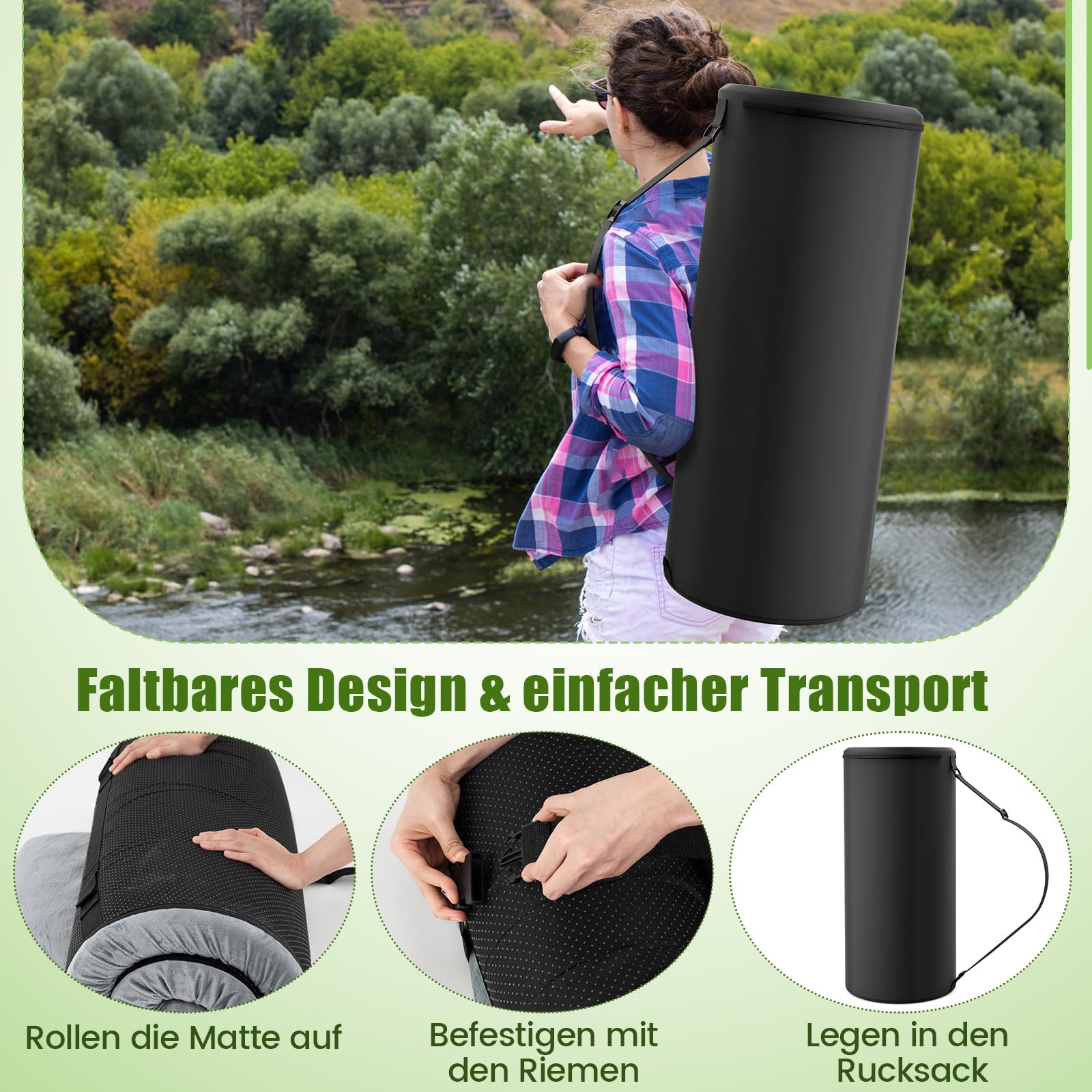 COSTWAY Memory-Schaum Camping Matratze, aufrollbare Campingmatte mit wasserdichter Beschichtung, Rutschfester Unterseite & Tragetasche, Bodenmatratze, Schlafmatte, Schlafmatratze
