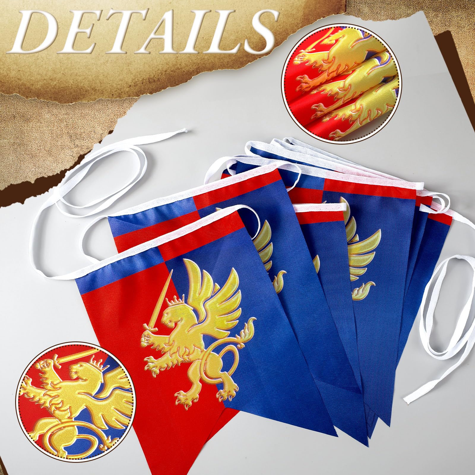 Hahafelt 6 banderines de fantasía medieval de 72 pies con diseño de león, decoraciones de fiesta medieval, banderines de caballero medieval, bandera de jardín para festival temático de castillo,
