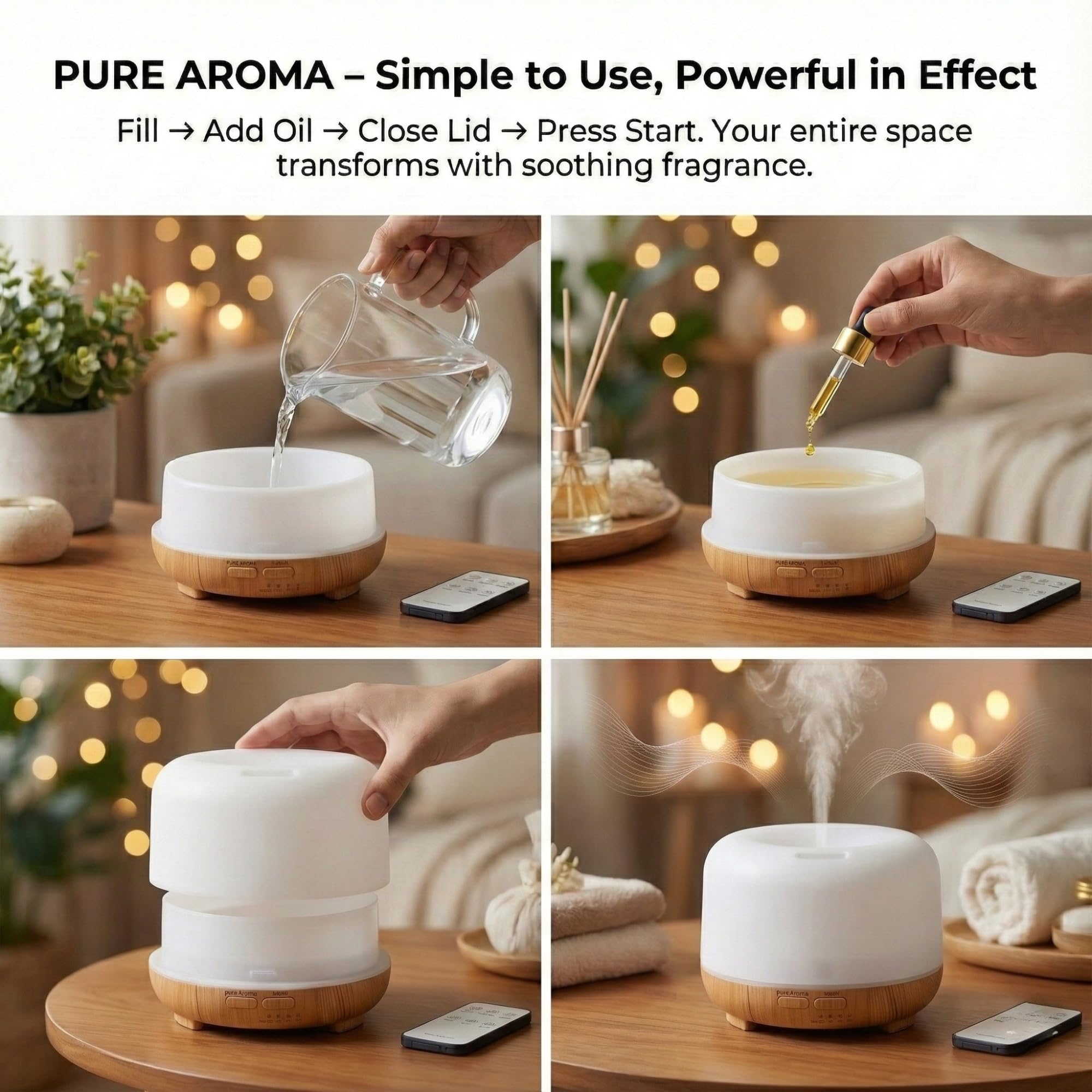 Pure Aroma 500ml Essential Oil Diffuser | Ultrasonic 5-in-1 Aromatherapy Humidifier | Timer & Auto-Off Safety | Quiet Air Humidifier | LED Night Light | Elegant Brown Finish | Best for Home & Office - Image 3 thumbnail