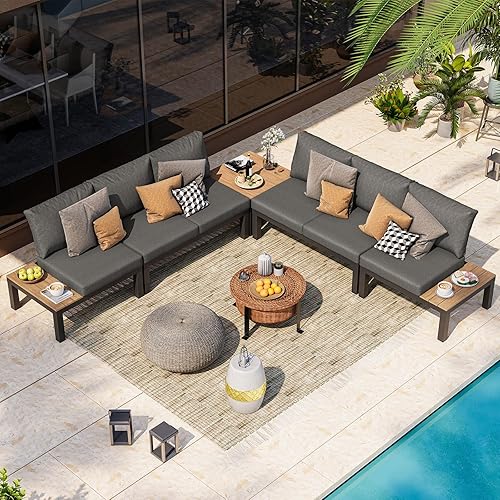Aluminum Modular Outdoor Patio Furniture Set, 6 Seats Sectional Sofa Set with Adjustable Backrest & Thick Cushions, All-Weather L-Shaped Corner Set with Table for Garden & Yard, Graphite