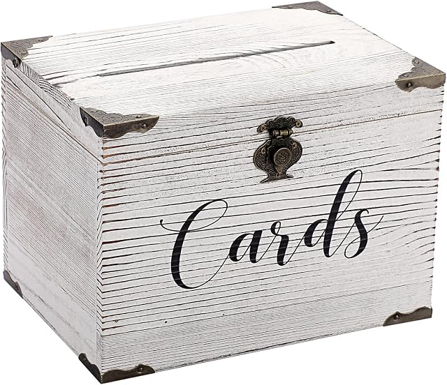 SUMNACON Wooden Wedding Card Holder Party Card Box, Decorative Ceremony Card Organizer White Wood with Antique Lock, Envelope Box Holder Gift Box Rustic Card Box for Wedding Reception Birthday Party
