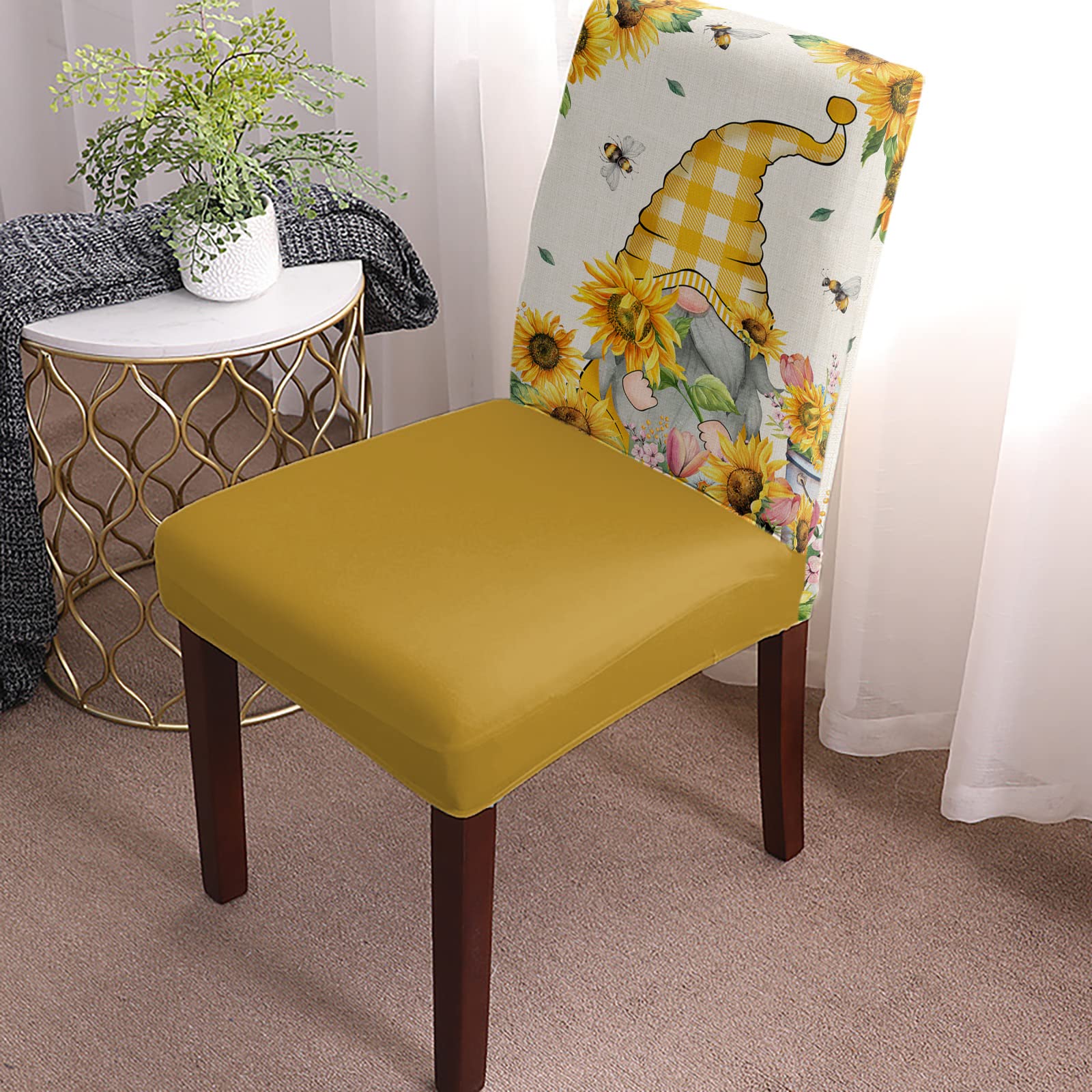 Spring Summer Bee Gnomes Dining Chair Cover Set of 6,Sunflower Bumble Bee Yellow Plaid Stretch Chair Protectors Slipcover,Spandex Kitchen Chair Seat Back Cushion Slip Cover for Dining Room,Party