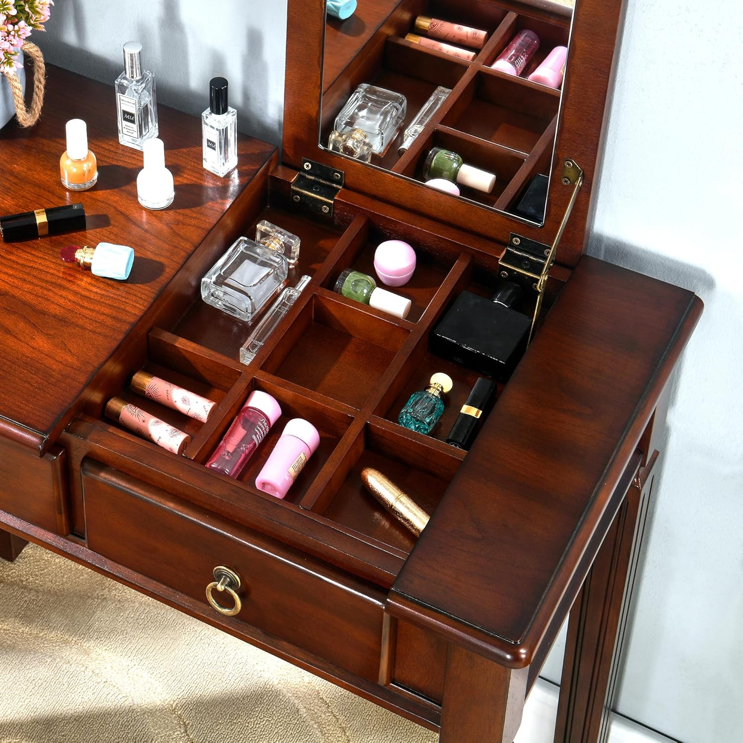 Small Vanity Desk with Stool Set,Makeup Vanity Table with Flip-Top Mirror and Upholstered Vanity Bench Stool, Solid Wood Dressing Tables with 2 Drawer, Dark Cherry Red Desk & Beige Bench SZT-1533-BG