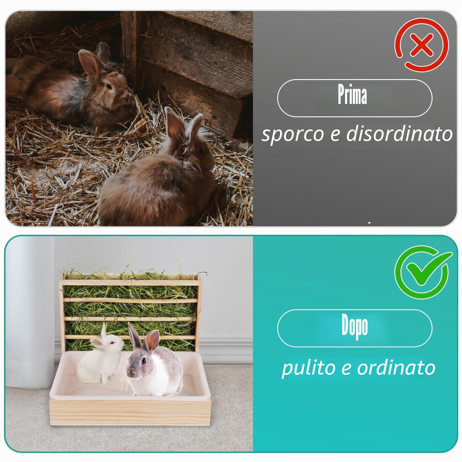 Mangiatoia 2 in 1 per conigli, in legno, con lettiera per gatti, per criceti, conigli in legno, per animali di piccola taglia