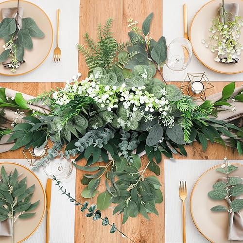 Miniatura 6 de Ceenna 150 piezas de 7 tipos de hojas de eucalipto mixtas de tallos de hojas de eucalipto artificiales a granel, aerosoles de hojas de eucalipto de