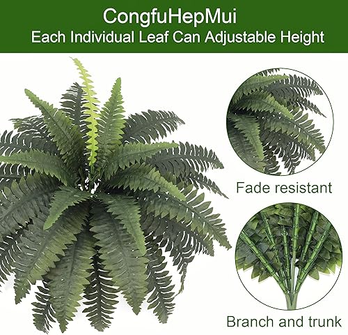 Miniatura 7 de CongfuHepMui Helechos artificiales para exteriores e interiores de 33 pulgadas de extensión, 2 tallos grandes, plantas artificiales de seda para