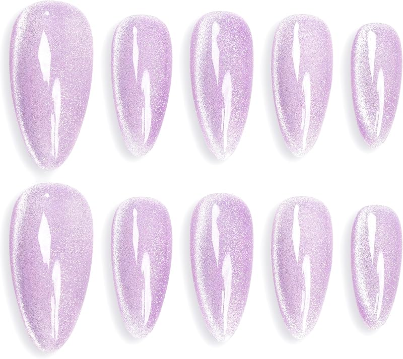 Sun&Beam Nails Handgefertigte Kunstnägel Mittel Lang Mandel Nägel zum Aufkleben in Lila Magnetisches Minimalistisch Glänzend Design mit Klebepads 10 Stück (#120 L)