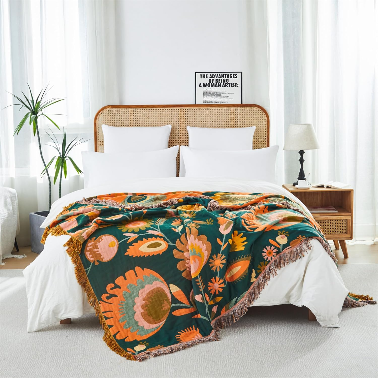 Lemfux Boho Throw Blanket for Bed Sofa, 100% Cotton Muslin Quilt, Ultra Soft Breathable Floral Bird Rustic Farmhouse Blanket, Lightweight All-Season Bedspread for Couch Chair (Orange Flowers, 60"x80")