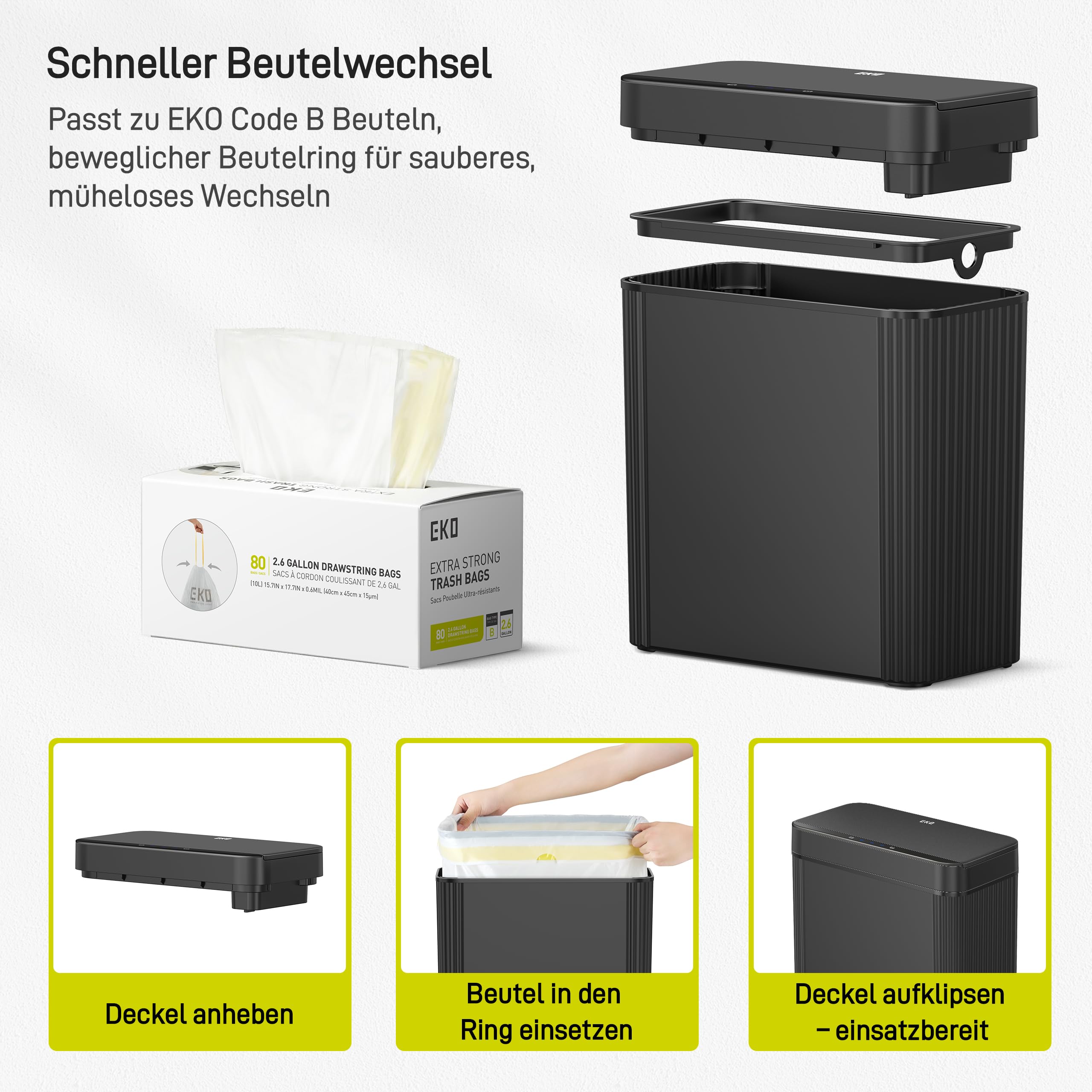 EKO Badezimmer Mülleimer mit Sensor, Schlanker Sensor Abfalleimer, Wasserdichter, Soft Close, Bewegungssensor-Kosmetikeimer für Bad, Büro und Küche, Carbon-Schwarz, 10L, Hochwertiger Kunststoff
