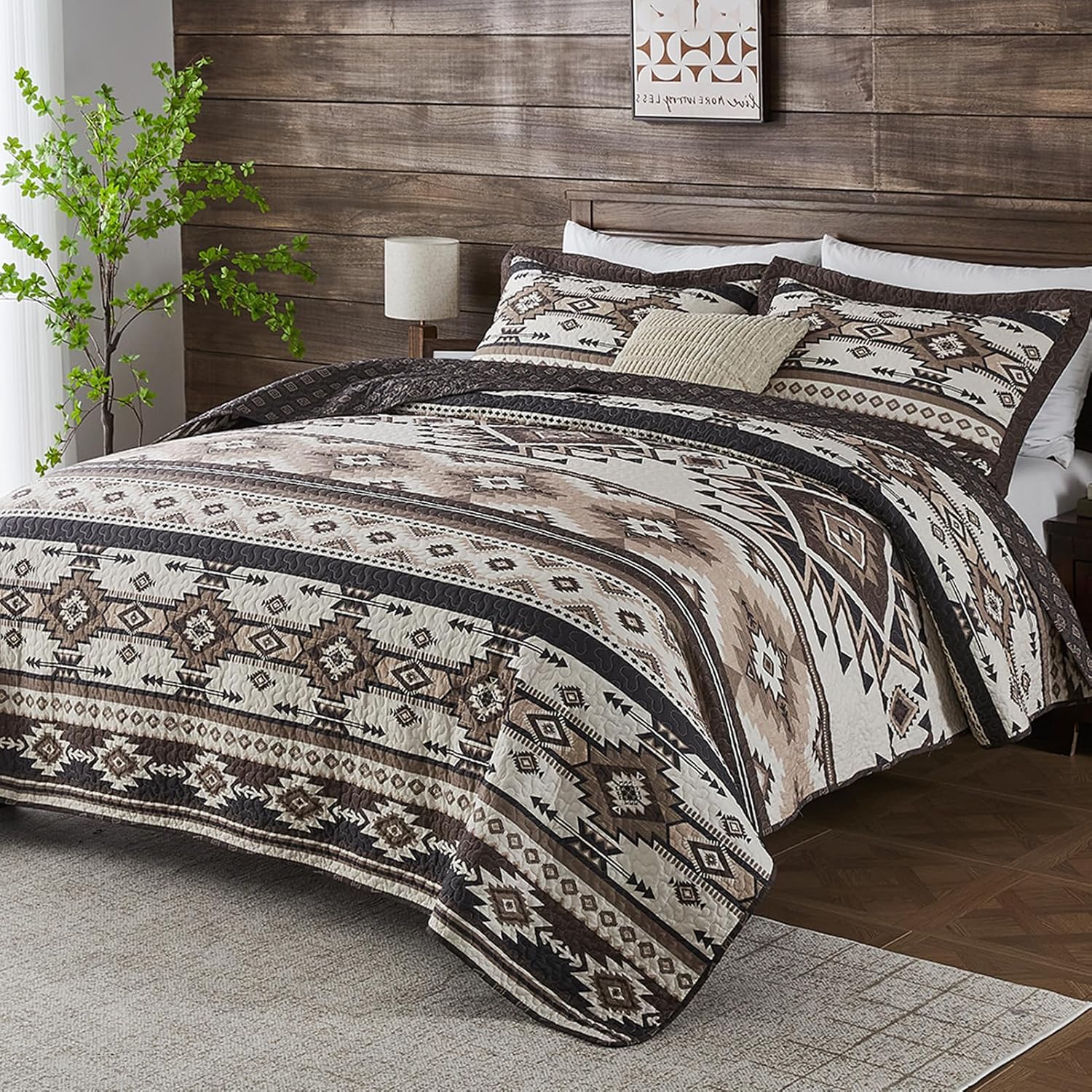 SahSahCasa Quilt Set King Size, 100% Cotton, King Comforter Set, Aztec Striped Quilted Bedspreads, King Bedding Set, Reversible Lightweight Bed Spread for All Season, Mocha/Black, 3pcs