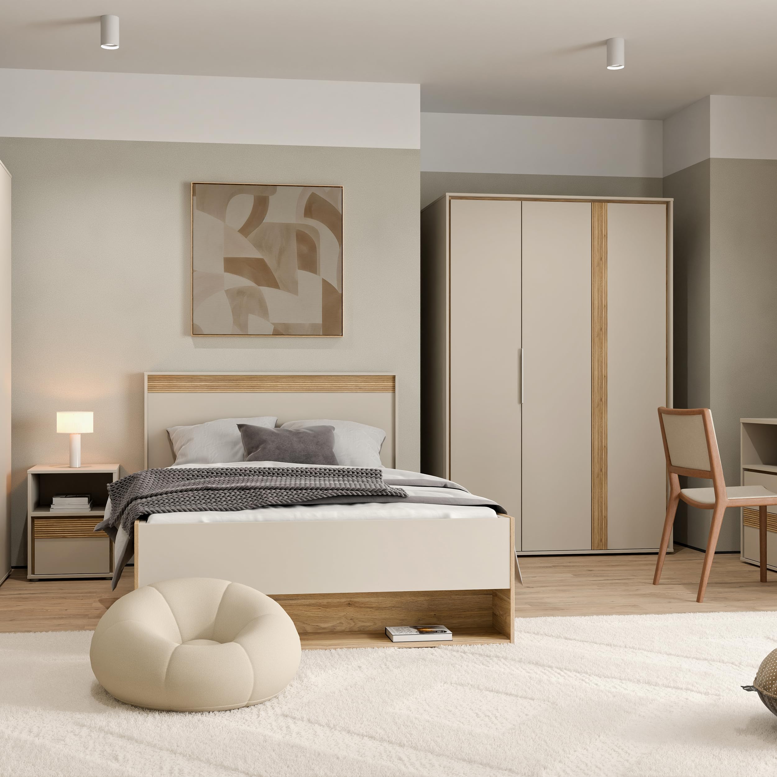 Forte WEXLIN Bettgestell, Liegefläche 120 x 200 cm, modernes Bett mit Schublade und Regal, Kinder- und Jugendzimmer,Kaschmir|Beige|Mauvella Eiche Holzdekor, 130 cm breit x 96,3 cm hoch x 210,8 cm tief
