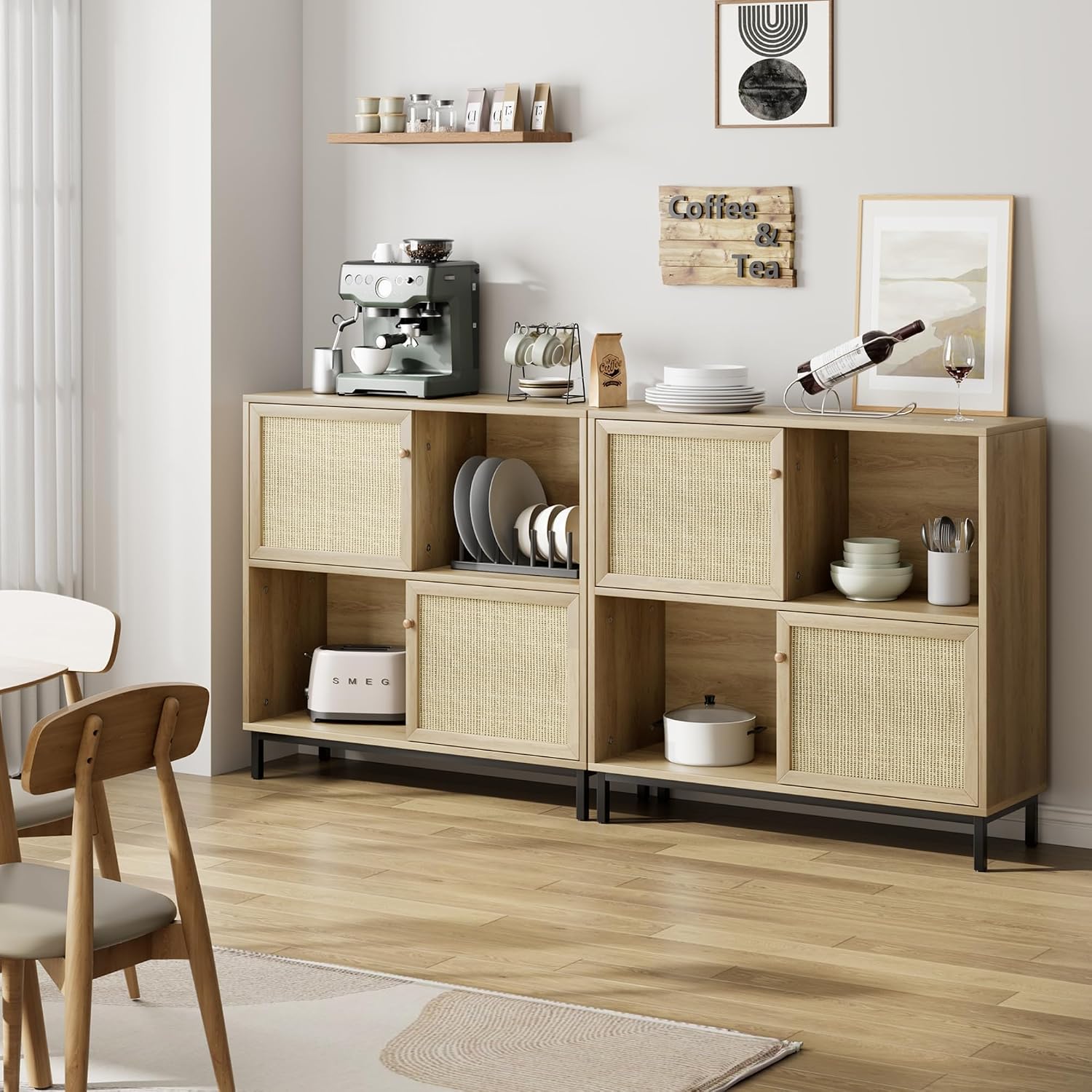 IDEALHOUSE Coffee Bar Cabinet, Rattan Buffet Cabinet with Storage, Wood Sideboard Cabinet with Sliding Door, Accent Cabinet for Kitchen, Dining Room, Living Room, Entryway, Natural Oak