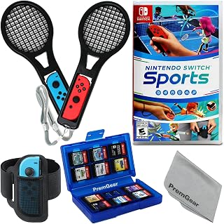 Nintendo Switch Sports for Nintendo Switch with Leg Strap accessory, 2 Tennis Rackets, 24 Slot Game Card Holder & PremGear Cleaning Cloth
