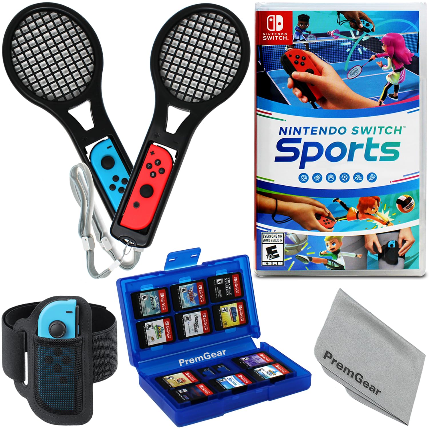 Nintendo Switch Sports for Nintendo Switch with Leg Strap accessory, 2 Tennis Rackets, 24 Slot Game Card Holder & PremGear Cleaning Cloth