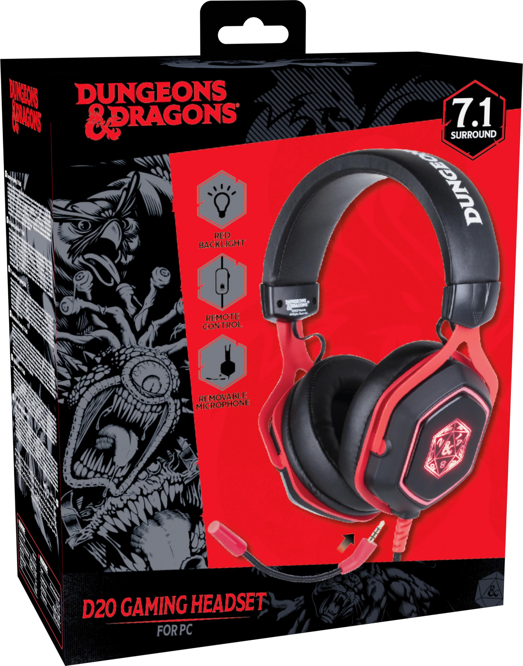 Konix Dungeons & Dragons Auriculares Gaming con Cable D20 para PC - Altavoces de 50 mm - Micrófono - Cable USB de 2 m - Retroiluminación - Negro y Rojo