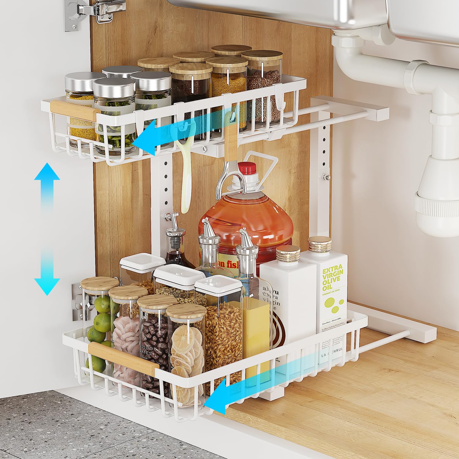 Under Sink Organizer, 2 Tier Slide Out Under Sink Organizers and Storage, Height Adjustable Pull out under cabinet storage, Metal Bathroom Kitchen Sink Organizer