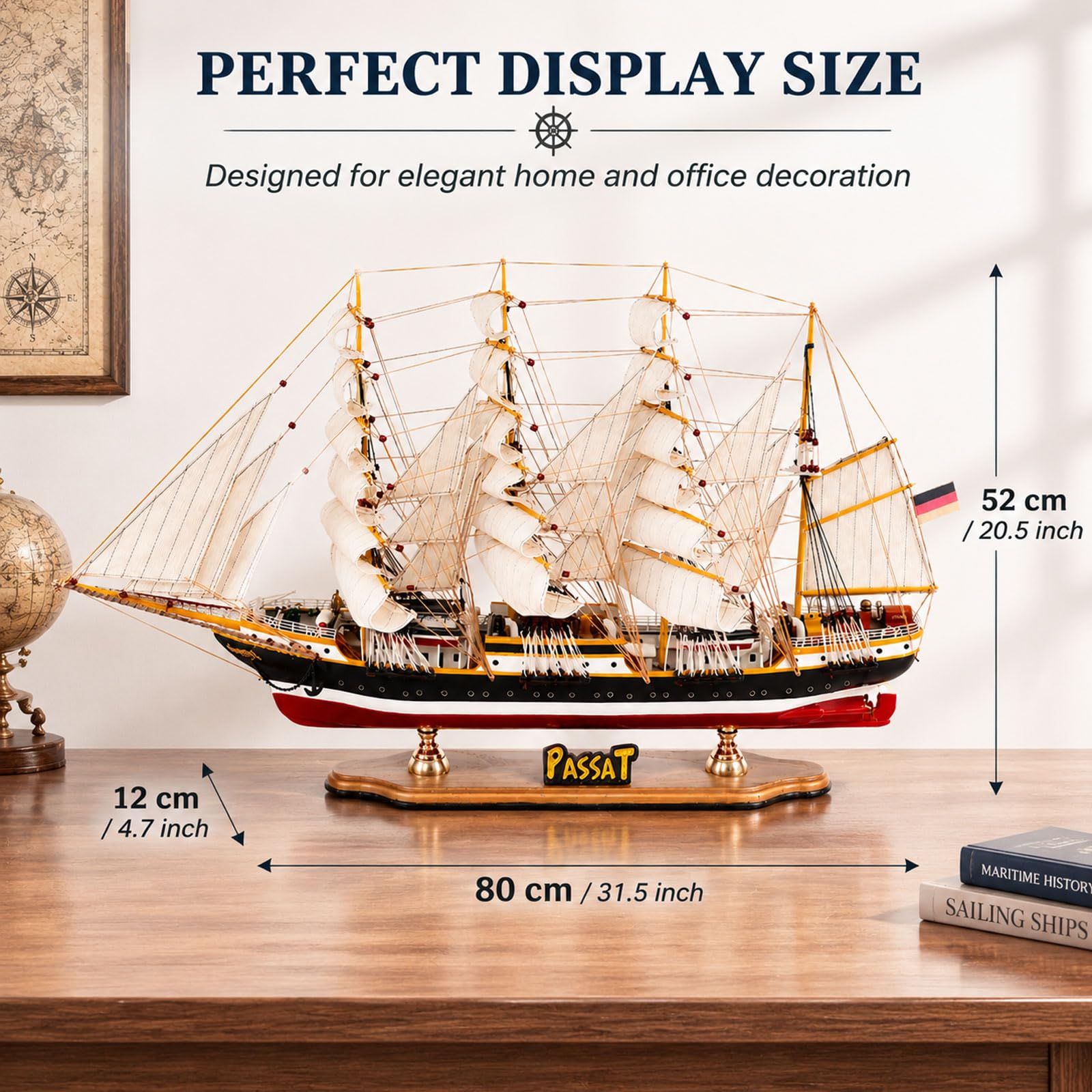 YLME Modell eines Segelschiffs aus Holz Viermastiges Großsegelschiff | Maritime Vintage-Dekoration Großes Schiffsmodell für Zuhause oder Büro Sammler Geschenk für Segelbegeisterte