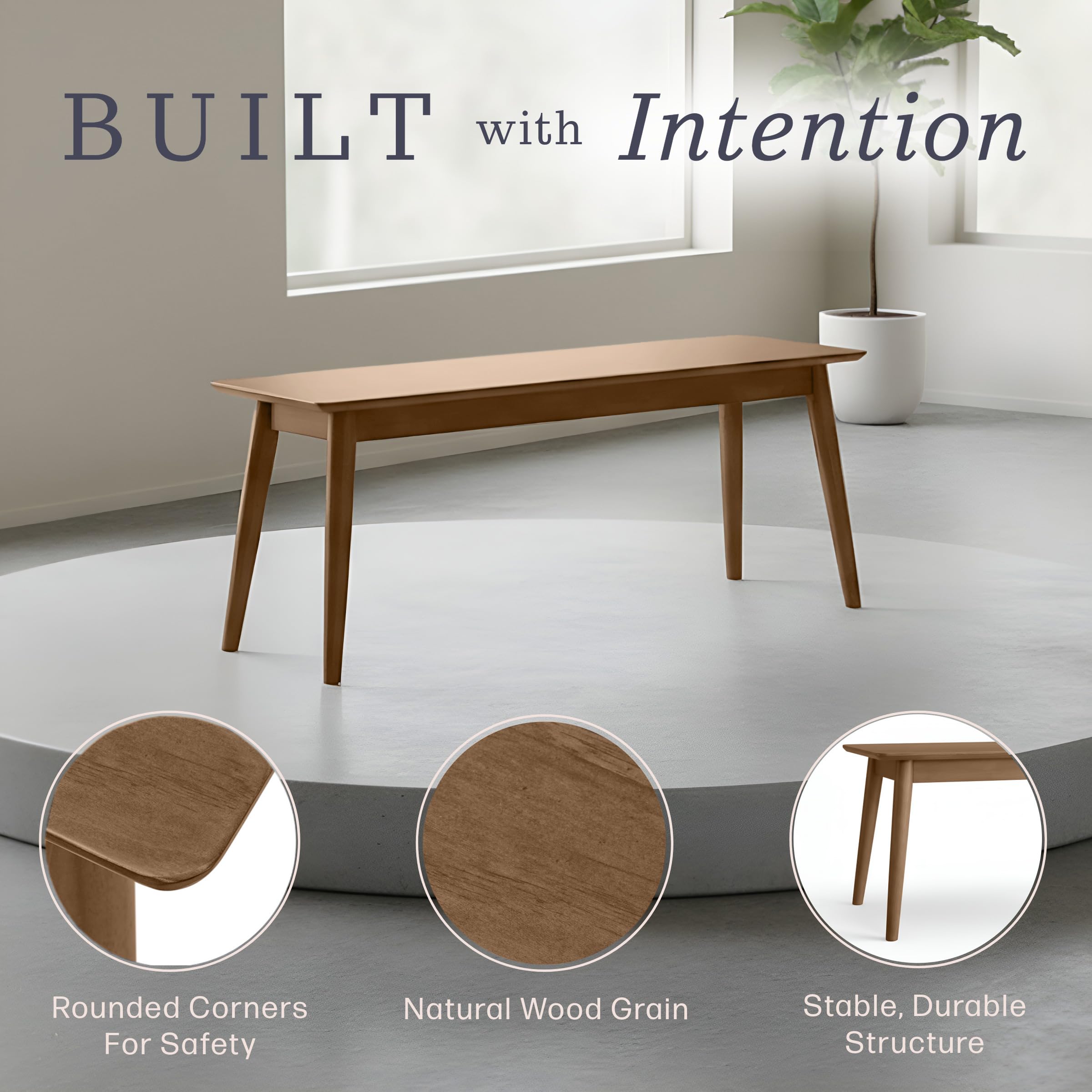 Alaterre Furniture Solid Wood Dining Bench, Warm Pecan, 46” x 14” x 18” | Entryway Bench with Minimalist Design, Mid-Century Modern Furniture for Entryway, Dining Room, Kitchen, or Bedroom