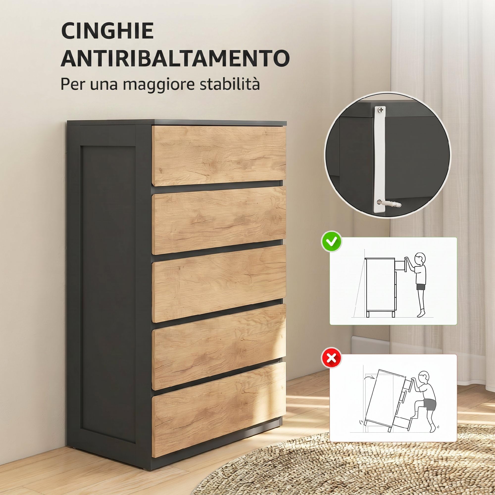 HOMCOM Cajonera dormitorio 5 cajones cómoda 60 x 39 x 100 cm negro roble | Cómoda de madera para dormitorio, sala de estar, comedor, pasillo