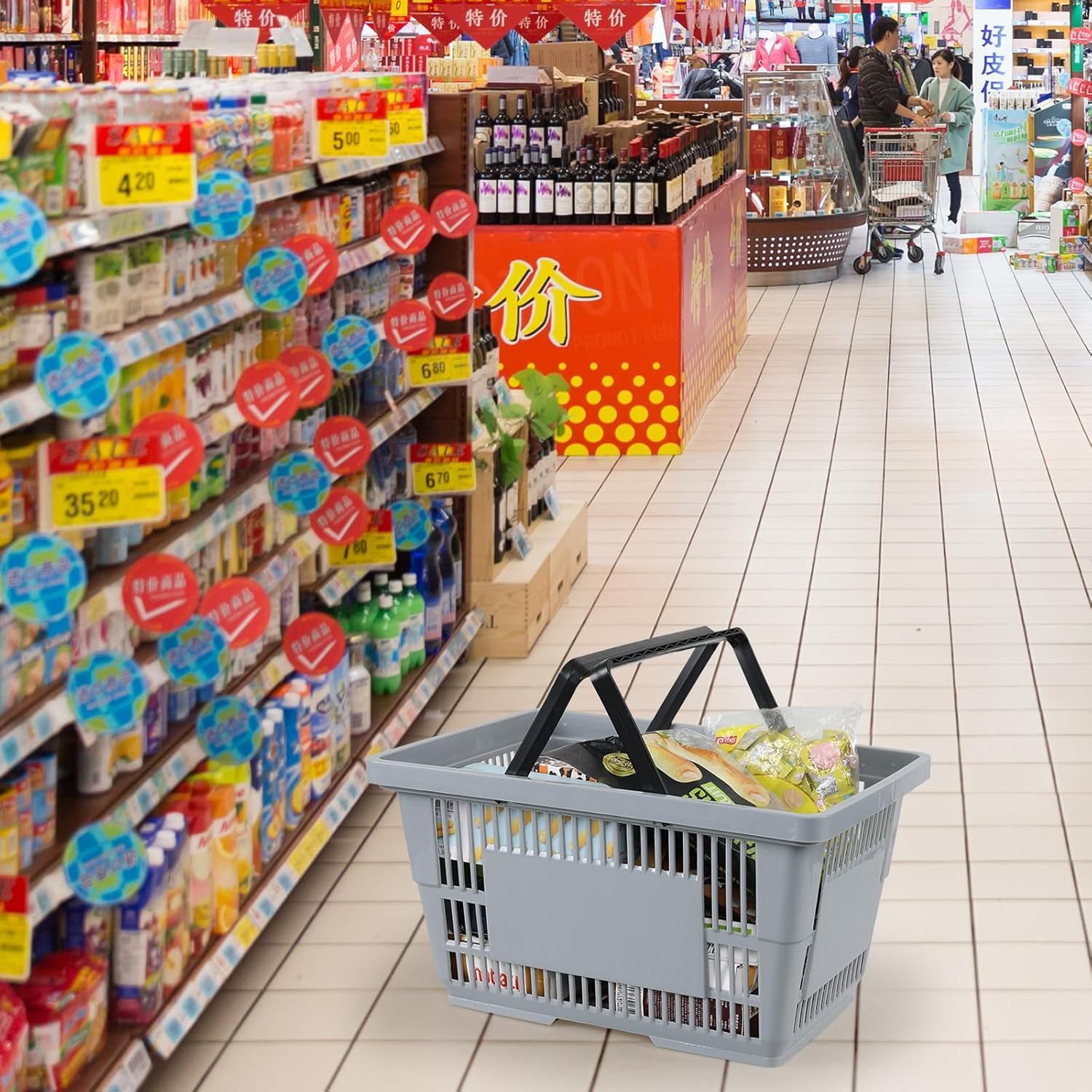 6 Graue Einkaufskörbe Aus Kunststoff Mit Griffen, 28 Liter Stauraum Für Supermarkt, Lebensmittelgeschäft, Einzelhandel, Robust Und Leicht, Perfekt Zum Einkaufen Und Organisieren