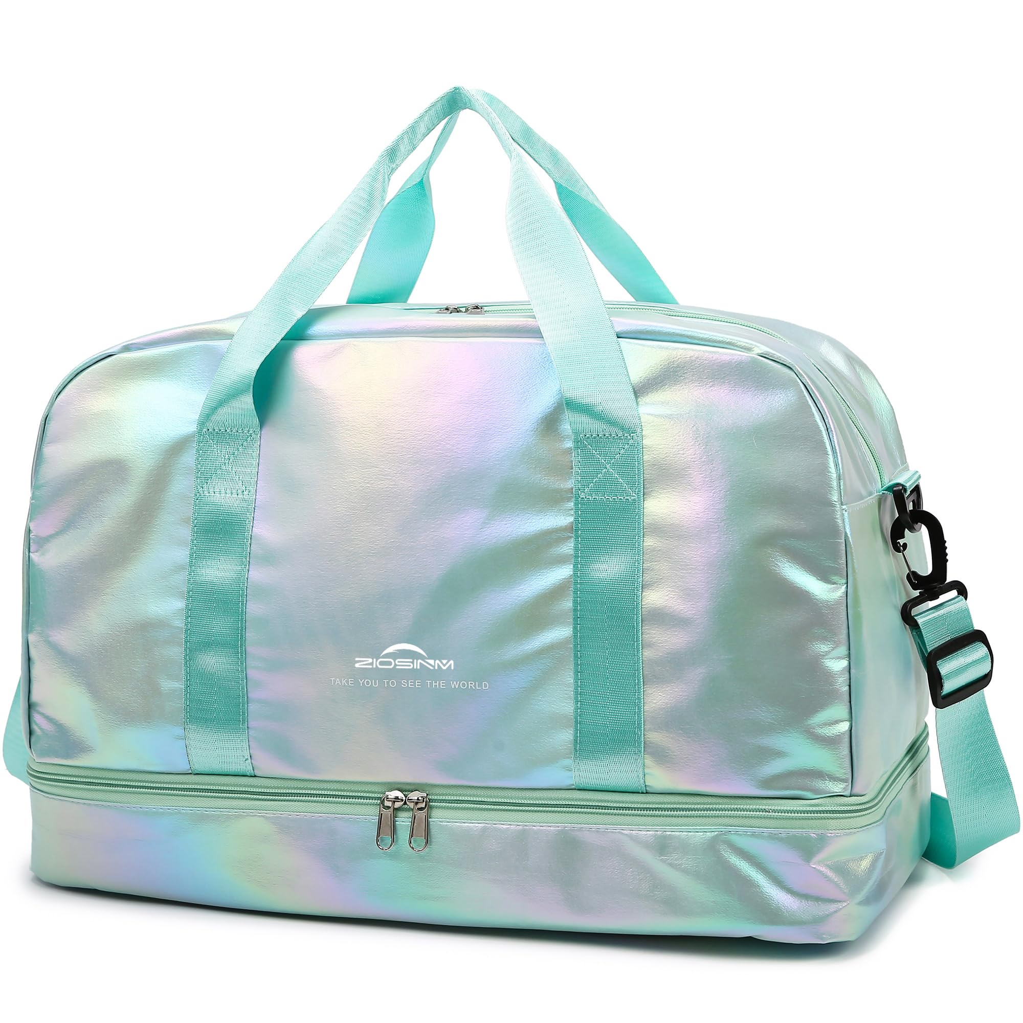 Damska torba sportowa, 40 l, torba podróżna, torba weekendowa, błyszcząca torba sportowa z kieszenią na buty i kieszenią na mokre rzeczy, torba do sauny, torba do pływania, torba treningowa