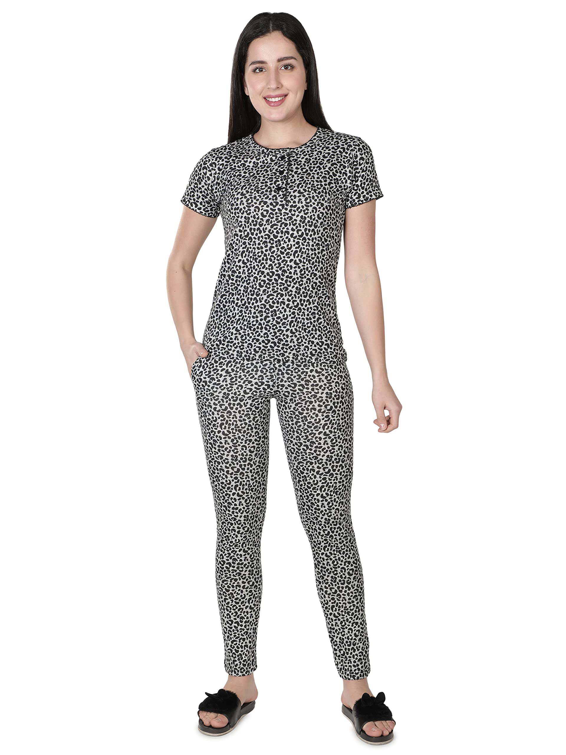 Womens Cotton Printed Pajama Set | Grey Nightwear Soft Comfortable Sleepwear | Stylish Lounge Home Use | Breathable Cozy Relaxed Fit-image-9