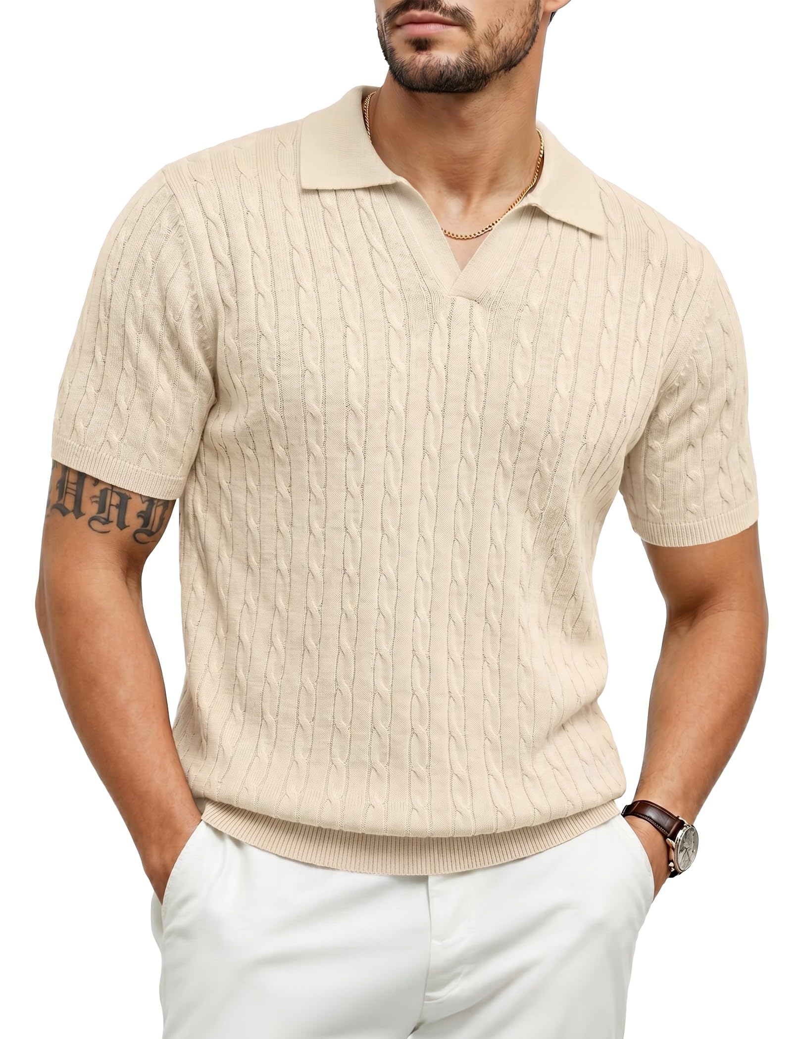 JMIERR Men's Cable Knit Polo Wool Blend Shirt Short Sleeve Vintage Textured Summer Sweater Top